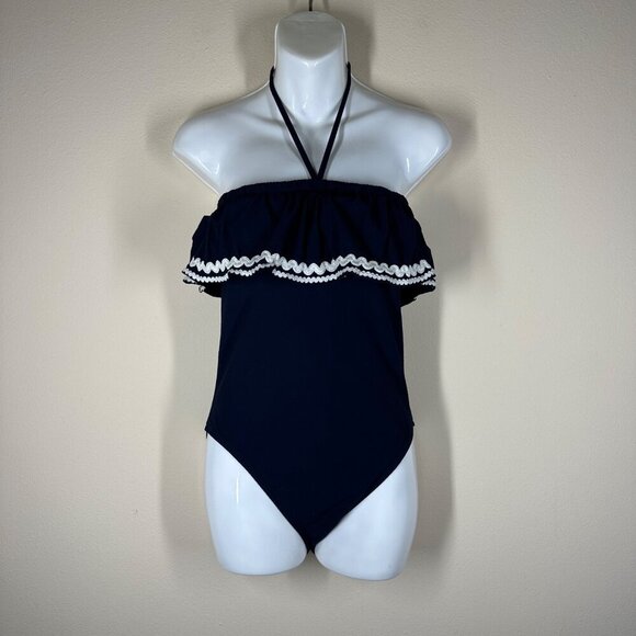 J.Crew Rickrack Ruffle Bandeau One Piece Swimsuit Womens Size 4 Navy Tie Neck - Picture 3 of 10